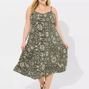 NWOT Torrid Trapeze Olive Patterned Midi Dress size 3